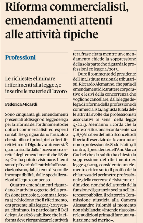 IstTribint's tweet photo. Da Il Sole 24 Ore di oggi 3 marzo Riforma commercialisti, emendamenti attenti alle attività tipiche
"Duro il commento del presidente dell’Int, Istituto nazionale tributaristi, Riccardo Alemanno, che parla di emendamenti di carattere corporativo..." #INTtributaristi @R_Alemanno 💪 https://t.co/8ladBTfmw1