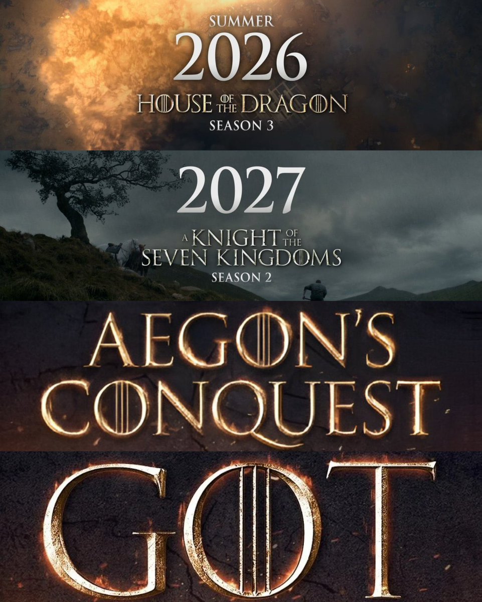 KingTargaryenn's tweet photo. Estado actual del Universo 'Game of Thrones':

• Temporada 3 de 'House of the Dragon': se estrena este junio

• 'El Rey Loco', obra de teatro basada la Rebelión de Robert: se estrena en julio/agosto

• Temporada 2 de 'El caballero de los siete reinos' - Estreno en 2027

• Película/serie 'La conquista de Aegon': escrita por Mattson Tomlin (The Batman: Parte II) 

• Serie animada 'Nueve viajes' - En desarrollo por Genndy Tartakovsky

• 'Nymeria: Diez mil barcos' - Escrito por Eboni Booth

• Película 'Game of Thrones' - Escrita por Beau Willimon (House of Cards, Andor)