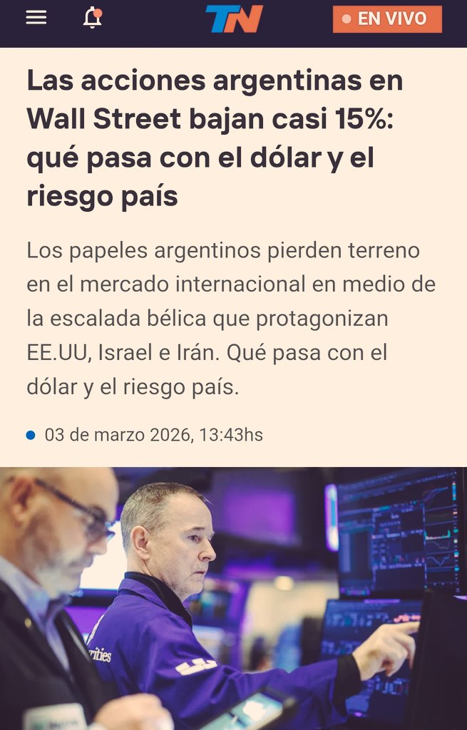 Se derrumban las acciones argentinas y sube fuerte el riesgo país.
Cuando el modelo se apoya en la timba financiera y no en la producción, cualquier shock externo pega el doble.
Y justo ahora que Milei y Caputo necesitan más deuda para sostener la falsa estabilidad.