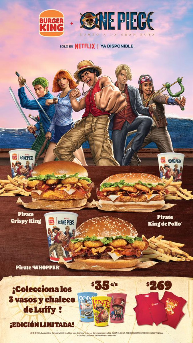 vasosdecineyco1's tweet photo. Estos son los precios de los vasos coleccionables de ONE PIECE y el chaleco de LUFFY,  que podras conseguir en @burgerkingmx este 9 de marzo 

#onepiece #otakus #monkeydluffy #burgerking https://t.co/UWsnYihIGJ