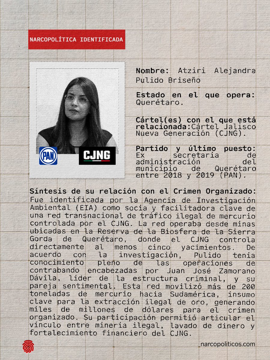 🧵 Alejandra Pulido, ex funcionaria (PAN) del municipio de Querétaro, fue identificada por la <a href="/EIAgov/">EIA</a> como socia de una red internacional de tráfico de mercurio.

Su pareja, Juan José Zamorano Dávila, lleva más de 10 años liderando esta red de contrabando para el CJNG.