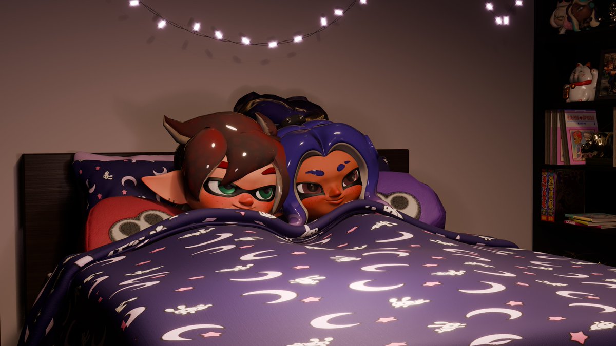 rowan and debi scooting closer together in bed happy happy splatoon