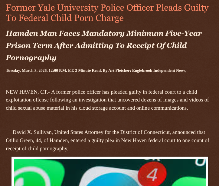 ArtFletcher9's tweet photo. Former Yale University Police Officer Pleads Guilty To Federal Child Porn Charge https://t.co/dv3rUMgDXb via @Englebrooknews #Connecticut #NewHavenCT #CrimeNews #HamdenCT #Former @Yale #University #PoliceOfficer #Federal #guiltyplea #possession #childpornography @telegram @wireless_step @HRG_Media @LodiNJNews @Fordmb1953 @SarahGeving1 @Shannon96574094 @Daytobehappy @janninereid1 @gator4kb18 @MichelleF_35 @TrumpWasRite2 @KathyKbrose @RobGerundo @JimBobW49