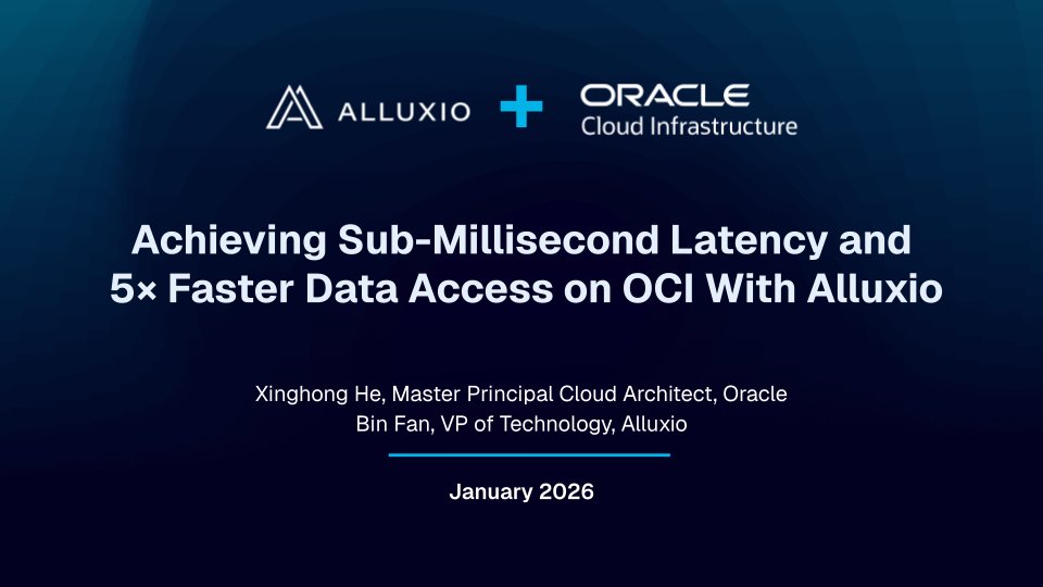 Alluxio's tweet photo. More GPUs won’t fix slow data.
Watch our on-demand talk &amp; see how Alluxio on OCI delivers:
• Sub-ms access
• 5x faster reads
• Better GPU use

👉https://t.co/NjKEJTuPZU

#AI #MachineLearning #Cloud #GPU #DataInfrastructure https://t.co/CZu75TckDc