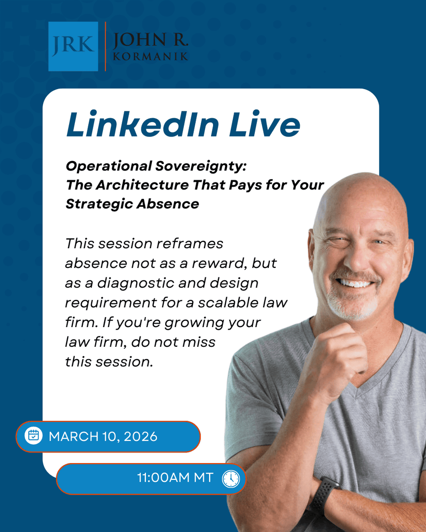 jkormanik's tweet photo. Most founders believe they can’t step away because the firm “isn’t ready.” In reality, the firm isn’t ready because they haven’t designed it to function without their constant presence.

#LinkedInLive #LawFirmCEO https://t.co/RibGwYhFYt