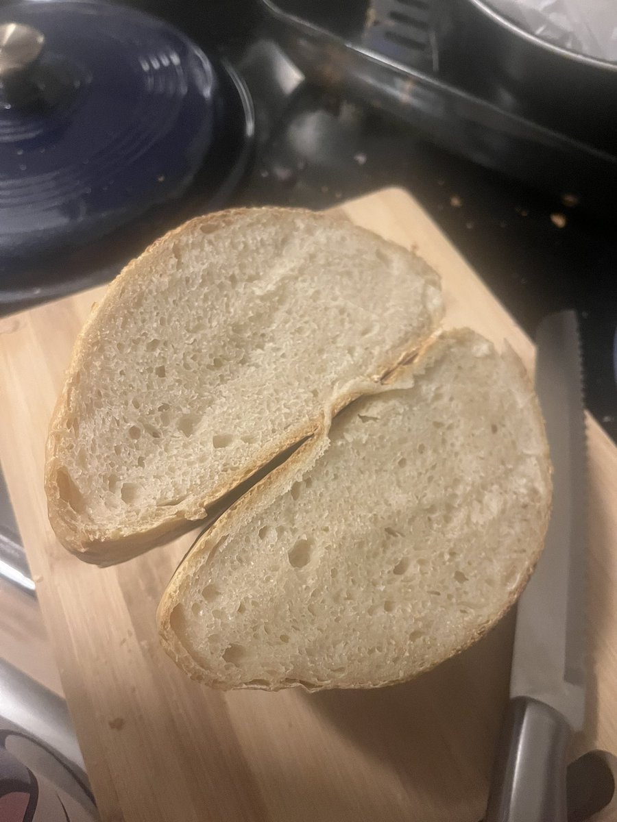 DlaremeFunshine's tweet photo. @Mrs_RiOTTT This was my first one, she came out dense but still yummy. I think I overfermented and didn’t do enough stretch and folds. https://t.co/Ett8HZZIzE