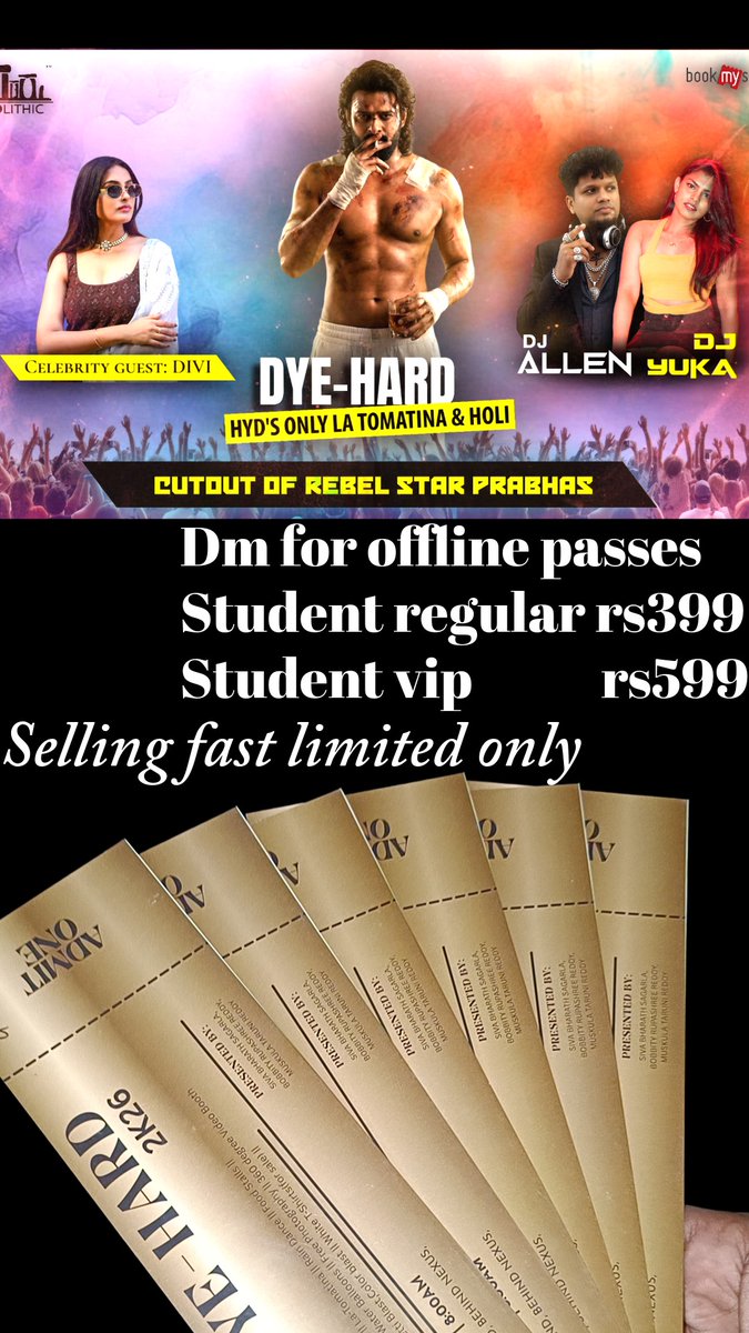 Akshay__252's tweet photo. Only 12 passes left Dm for passes hurry up rebels repu holi event 8am to 4pm bulk lo kontey price thagistha hurry up 
#Prabhas #holi https://t.co/70ggz1P9i3
