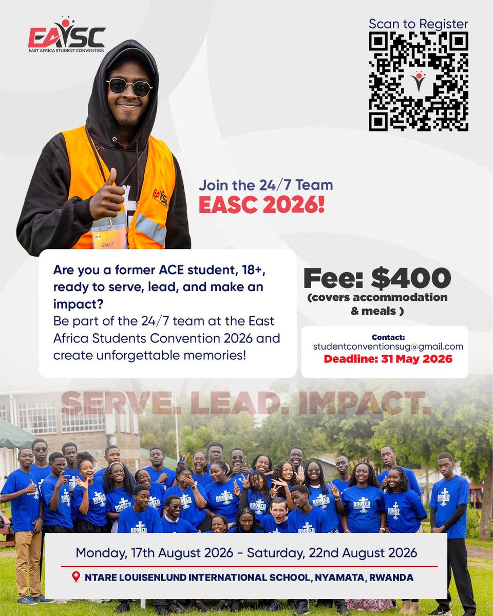 easconvention's tweet photo. JOIN THE 24/7 TEAM – EASC 2026!

Former ACE student (18+)? Serve, lead &amp; make an impact at the East Africa Students Convention.

📍 Nyamata, Rwanda
📅 17–22 Aug 2026
💰 $400 (all-inclusive)

🔗 Apply: https://t.co/kDr3VVACue
⏳ Deadline: 31 May 2026
Serve. Lead. Impact. https://t.co/cpjQROqFTq