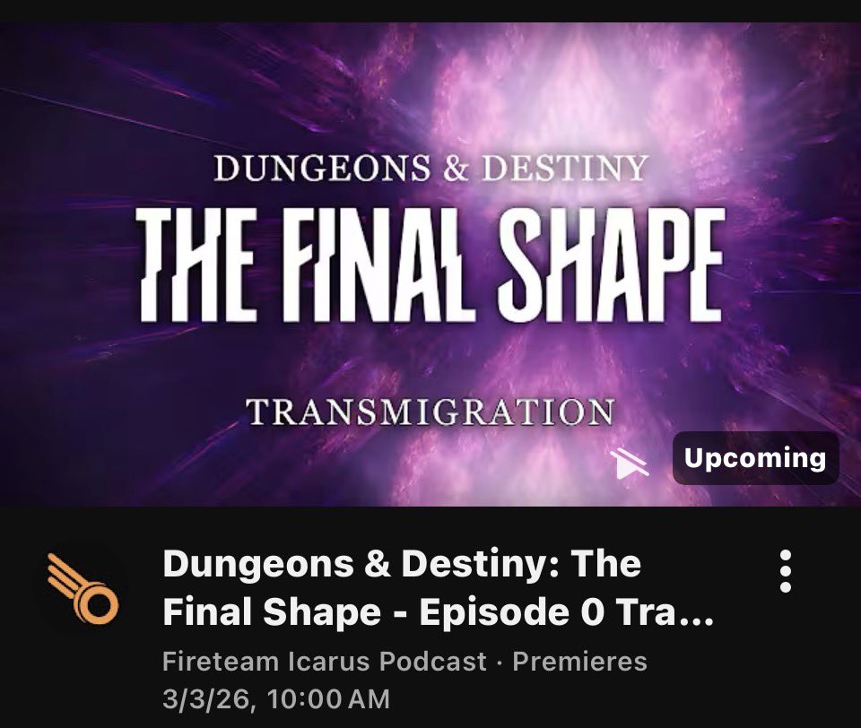 Dungeons &amp; Destiny: The Final Shape 
Episode 0 — Transmigration

 The first step toward the Final Shape.

Live today.

youtu.be/fDeM31yf5a8?si…