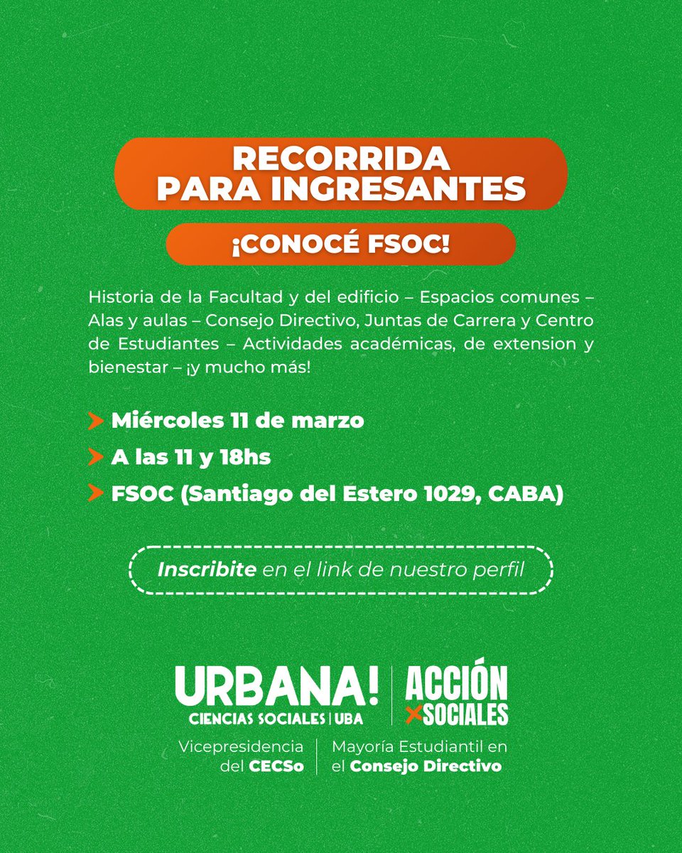 urbanasociales's tweet photo. 📍 Vas a poder conocer tus carreras, los espacios comunes, aulas y alas, las actividades académicas, de extensión y bienestar y mucho más.

Inscribite a través del formulario en nuestro perfil ✍️
¡Te esperamos para darte la bienvenida a Sociales!

#CECSo #SocialesUBA https://t.co/rOusZcVsAE
