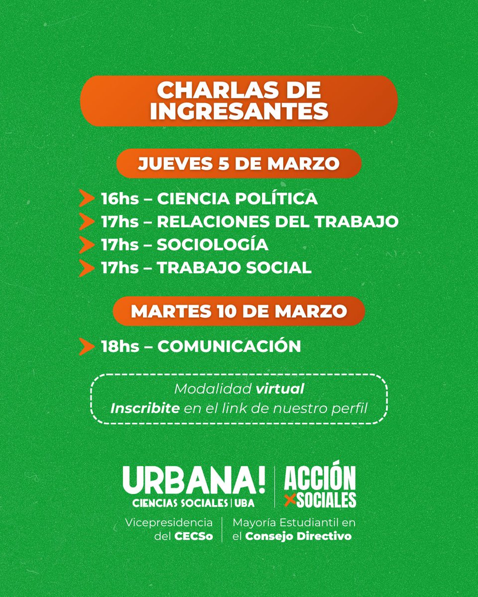 urbanasociales's tweet photo. 📍 Vas a poder conocer tus carreras, los espacios comunes, aulas y alas, las actividades académicas, de extensión y bienestar y mucho más.

Inscribite a través del formulario en nuestro perfil ✍️
¡Te esperamos para darte la bienvenida a Sociales!

#CECSo #SocialesUBA https://t.co/rOusZcVsAE
