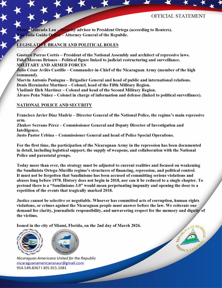 🚨📄| #OfficialStatement #March2ndof2026 Nicaraguan Americans United for the Republic and the organizations of the Anti-Sandinista Nicaraguan Right Bloc, address President <a href="/POTUS/">President Donald J. Trump</a> <a href="/realDonaldTrump/">Donald J. Trump</a> and the people of Nicaragua. <a href="/SecRubio/">Secretary Marco Rubio</a> <a href="/DeputySecState/">Christopher Landau</a> <a href="/StateDept/">Department of State</a> <a href="/SenRickScott/">Rick Scott</a>