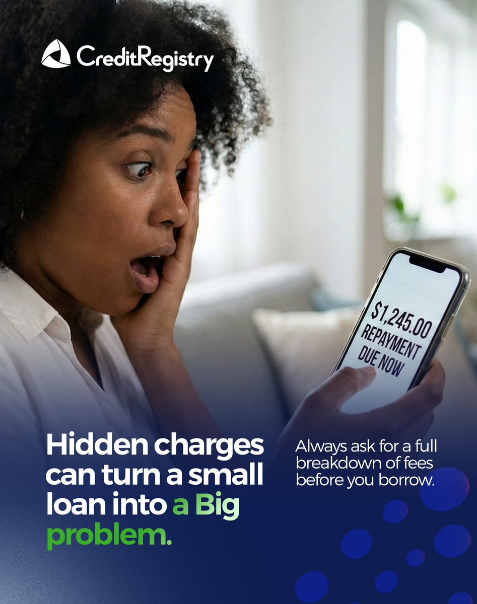 CreditRegistry_'s tweet photo. Don't get hit with hidden charges! 

Before borrowing
- Ask for written breakdown of charges (interest, fees, penalties)
- Review your credit info at https://t.co/80H1O3cc0C to anticipate lender assessment
#ResponsibleBorrowing #CreditRegistry https://t.co/3TXvbYy4a8