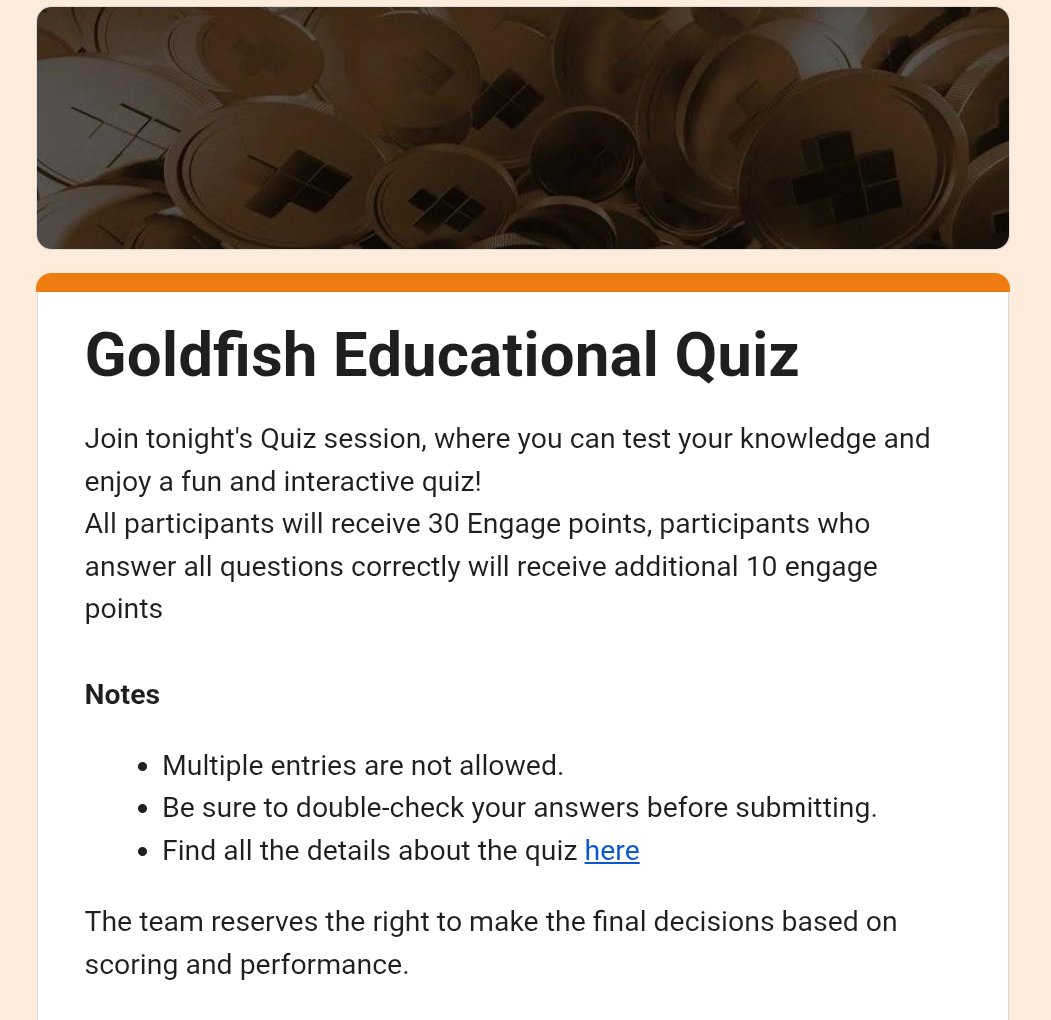LouisXL7's tweet photo. Goldfish $GFIN Educational Quiz is live

Test your $GGBR knowledge 

Explore website: https://t.co/J5jYw9pTSP
Fill and answer quiz: https://t.co/Ag1CK6rsPf

30 points for participation and 10 points for answering correctly

Deadline: March 5, 2026 4:00PM

@goldfishggbr https://t.co/Obu95e2lp5