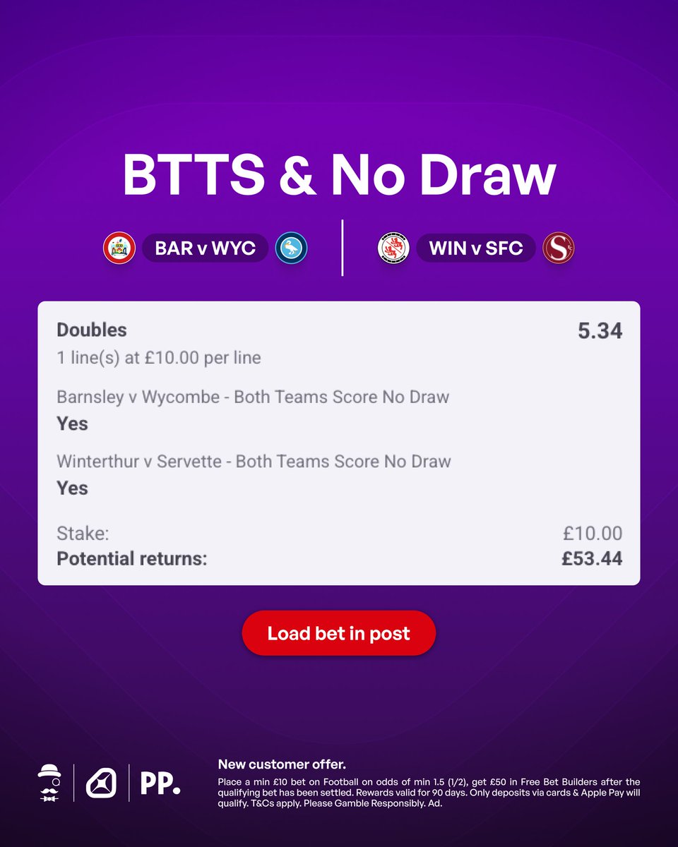🚨 BTTS &amp; No Draw Double is live.

I love tracking this type of bet.

Load Double: bit.ly/BTTS-No-Draw-

New Paddy Power customers will get £50 in Free Bets by staking £10 on this bet.

Claim offer: bit.ly/Claim-50-FreeB…

👇🏼 Research below.

18+, T&amp;C's Apply. Ad.
