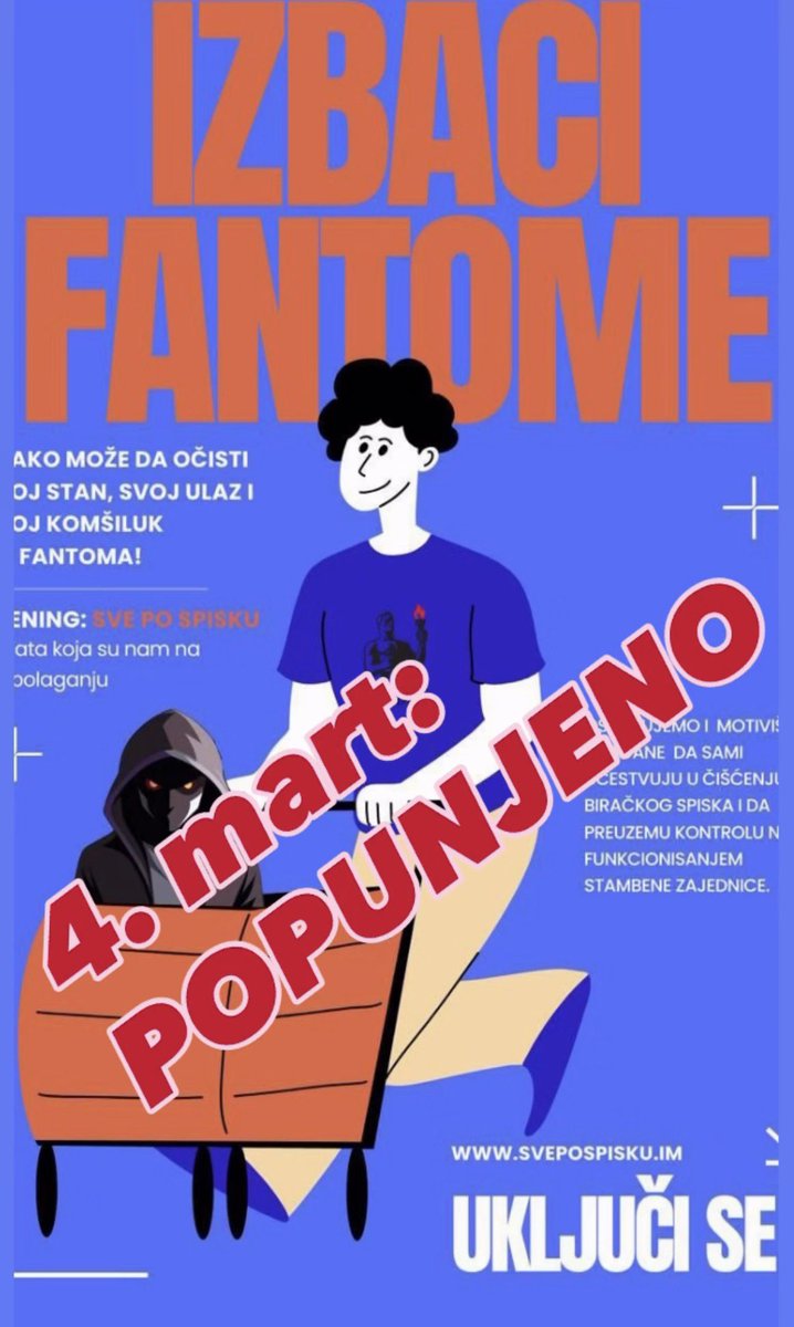 Prijavite se za trening 
Sve po spisku - građansko čišćenje biračkog spiska.

Svako može izbaciti fantome iz svog stana, ulaza i komšiluka! 💪

Prijavite se na: bgd.ostaje@gmail.com

Više na: svepospisku.im
