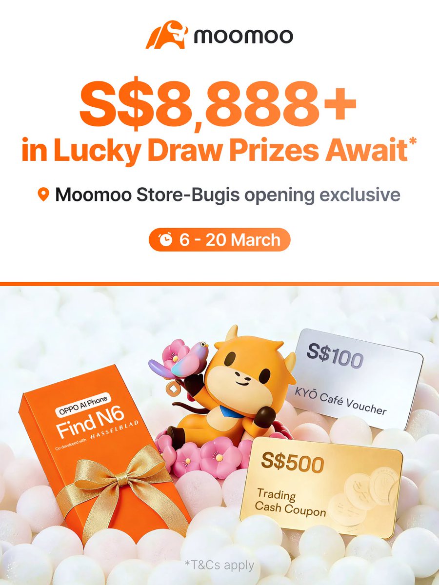 LilPrinceT1's tweet photo. Moomoo is opening its largest store in SEA. It’s also a space for investor education, with free workshops and on-site experts to help navigate today’s markets.
Plus, opening lucky draws!

 📅 Grand opening: March 6–20

#moomoosingapore #moomoo #MoomooStoreBugis #MooAcademy https://t.co/yhqil3gzvr