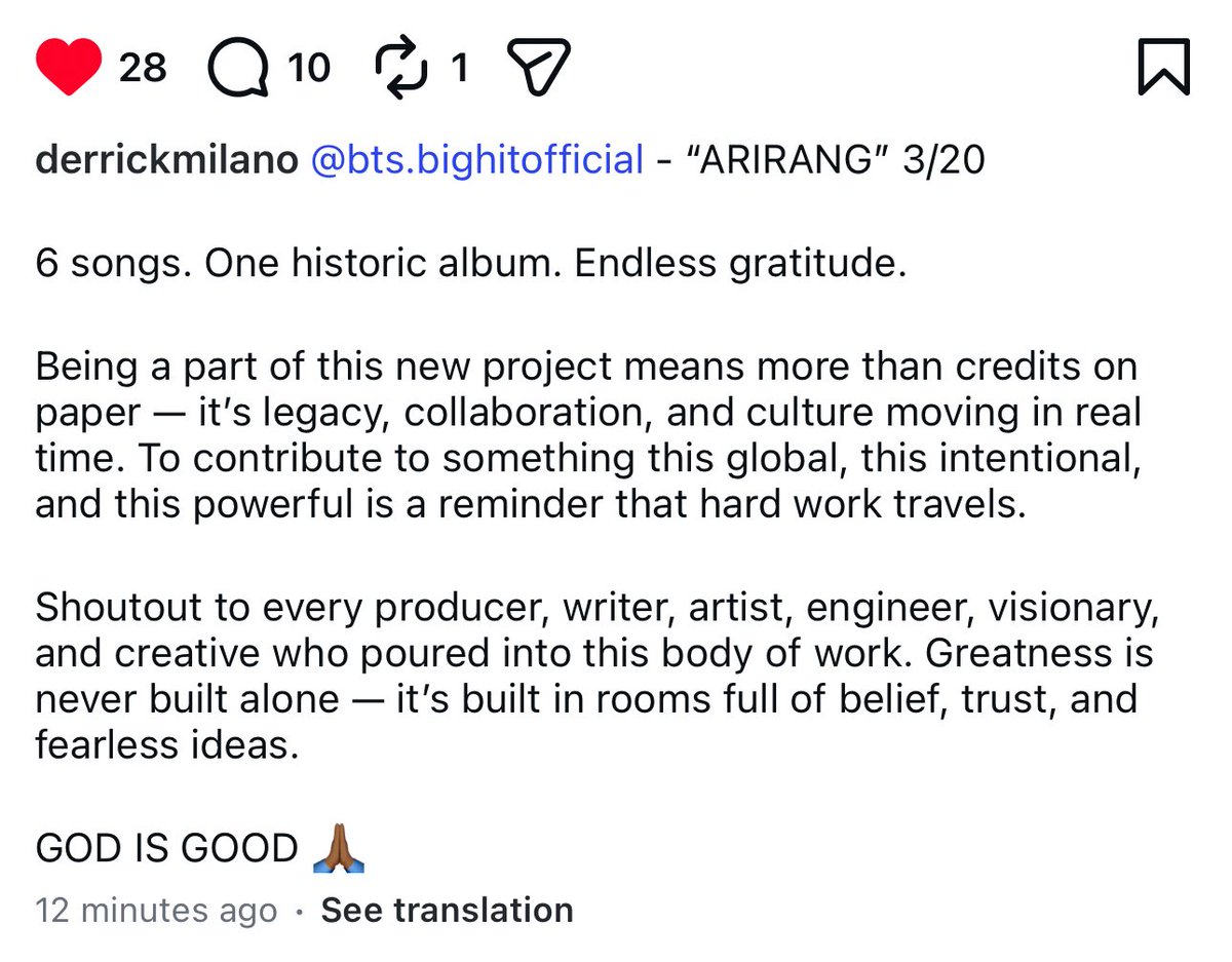 btschartsxdaily's tweet image. [INFO] Derick Milano who worked on #BTS_ARIRANG via IG Post!

“#BTS - “Arirang” 3/20
6 songs. One HISTORIC album. Endless gratitude.
Being a part of this new project means more than credits on paper - it's legacy, collaboration, and culture moving in real time. To contribute to