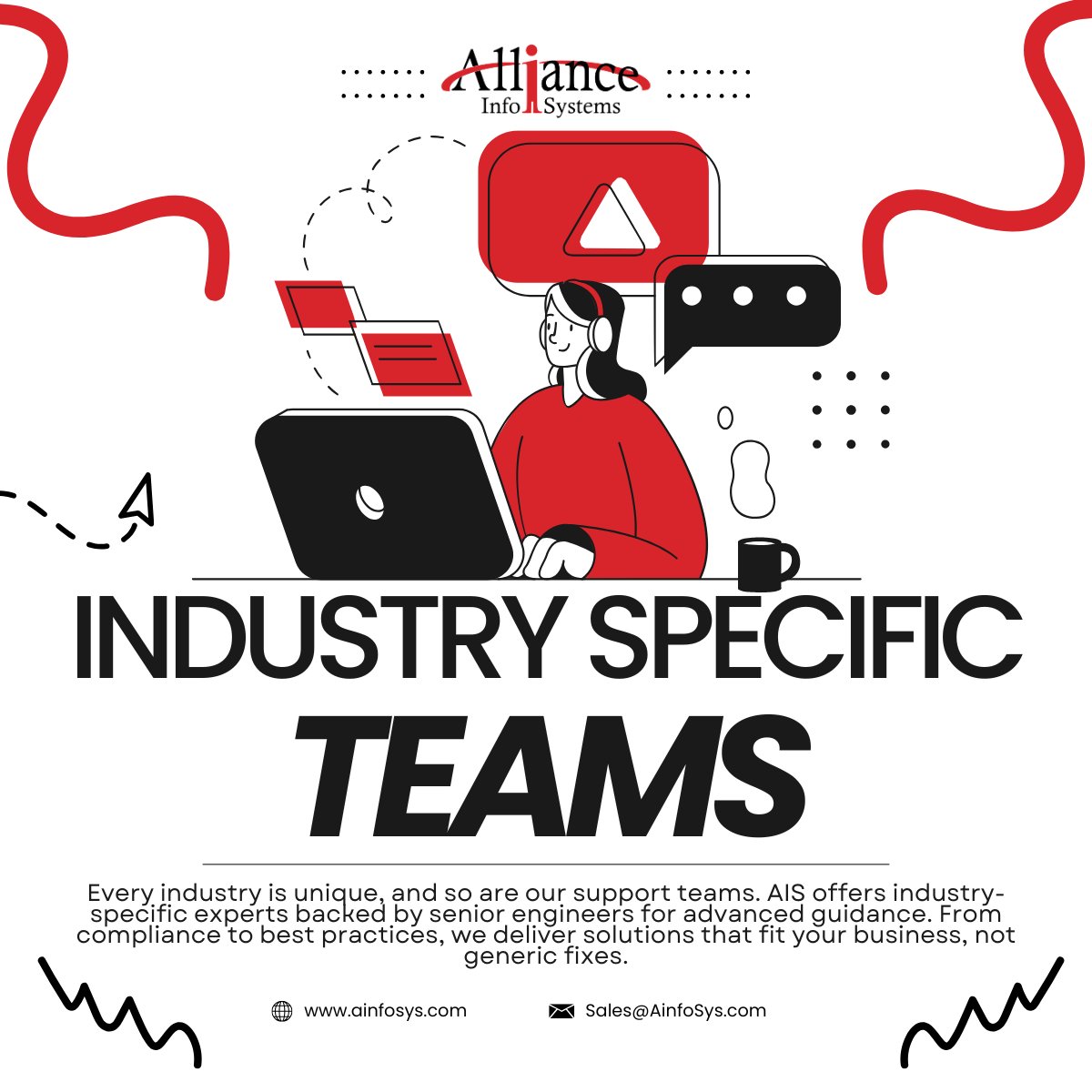 AllianceInfoSys's tweet photo. Your industry has unique challenges. Your IT support should too. With industry-specific support teams and a dedicated Account Manager, Alliance InfoSystems delivers IT built around your business. Contact us today! #AInfoSys #ManagedIT #ManagedSecurity https://t.co/zPhb3vTrwU
