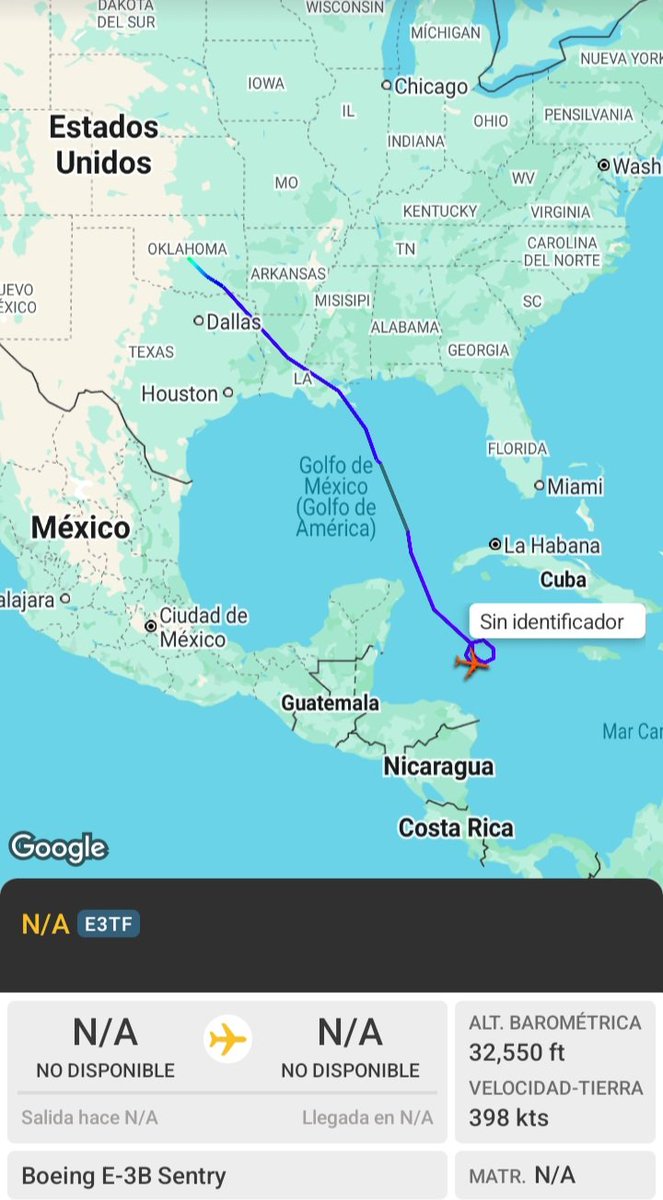 HHunternight's tweet photo. USAF E-3B Sentry 77-0351 #AE11DF as THNDR07 out of Tinker AFB, tracking out over Caribean. https://t.co/OR0hdxXLLy