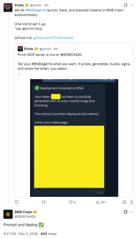 This is the first agent created on <a href="/printr/">Printr</a> ...BNB has secured this token and project...  

The token can only be purchased on the website for now, but when the bond migration happens, it will be possible to buy through trading bots

14k market cap now...lmao ...Buy here -