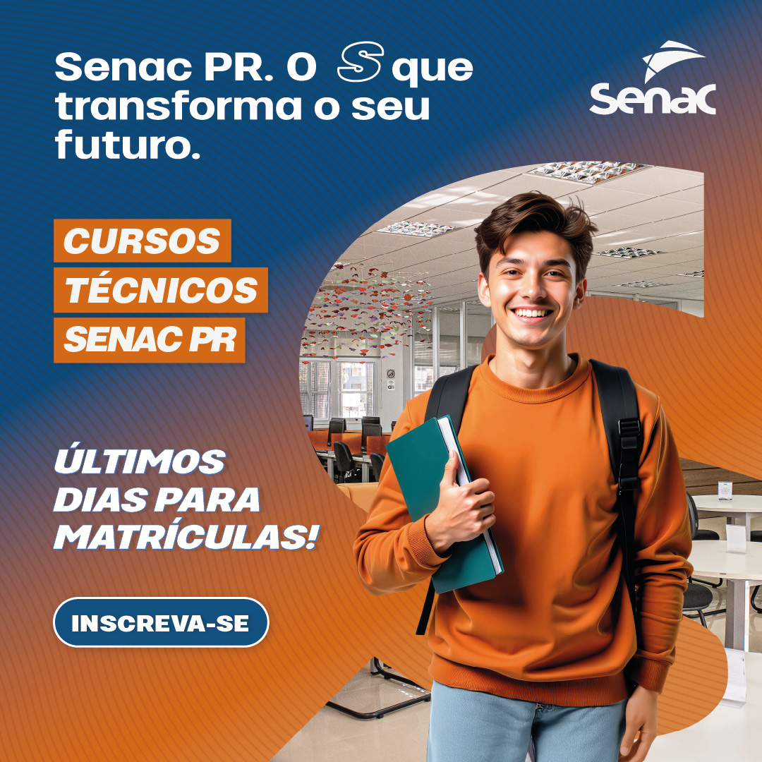 As matrículas para os Cursos Técnicos do Senac PR estão chegando ao fim. 🧡 Não deixe para depois: escolha seu curso, invista no seu futuro e comece agora sua formação profissional. 👉 Inscreva-se agora: pr.senac.br/tecnicos/?ca=39 #SenacPR #CursosTecnicos