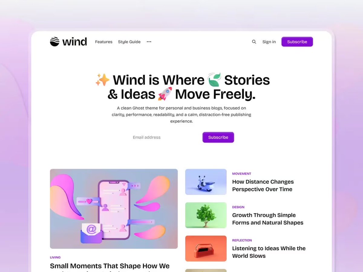 pinathemes's tweet photo. 🎉 Say Hello to Wind - A Modern and Flexible  Ghost Theme by Pina

Our new premium @Ghost theme focused on structured layouts, clean design, and performance is now live. Built for personal blogs, business blogs and creators.

Explore Wind: https://t.co/BETNBTwEUS https://t.co/nMsiUK8f2o