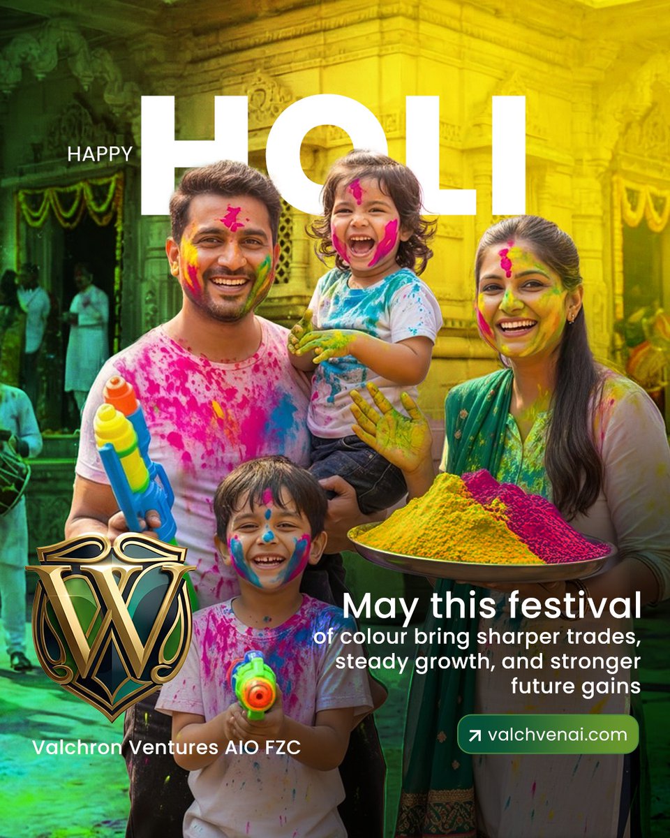 valchron_vent's tweet image. Like every shade adds vibrance, every smart trade adds strength.
May this Holi bring clarity, patience, and steady growth to your journey.
Happy Holi from Valchron Ventures AIO FZC.
Trade smart. Grow steady.

#Holi #HappyHoli #Valchron #SmartTrading #MarketMindset
