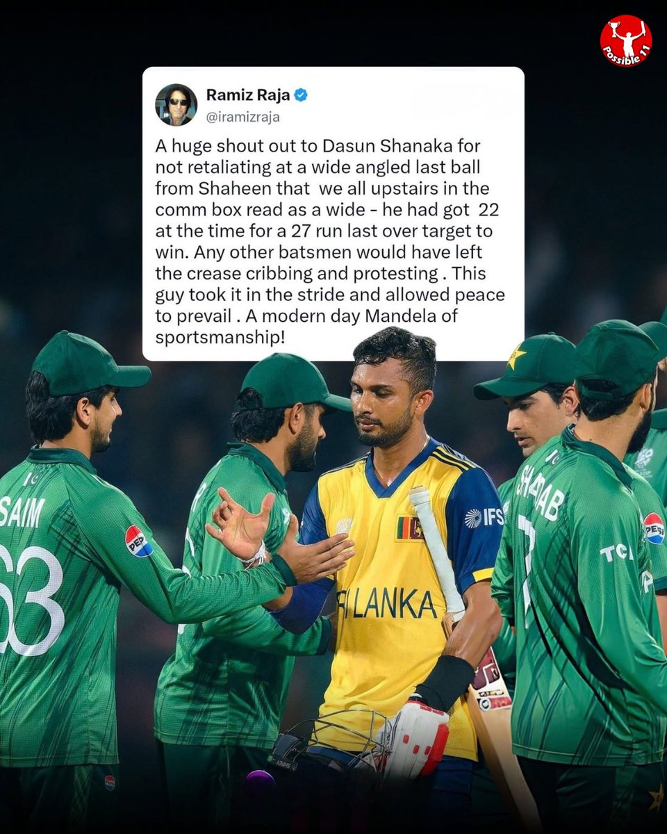 Possible11team's tweet image. When the heat was ON… he chose CLASS over CHAOS. 👏🔥

27 needed. 22 already smashed. Last ball drama.
No protest. No meltdown. Just pure sportsmanship.

A “Modern Day Mandela” moment on the cricket field? 🌍🏏

Respect, Dasun Shanaka. 💛

 #Respect #SLvsPAK #DasunShanaka