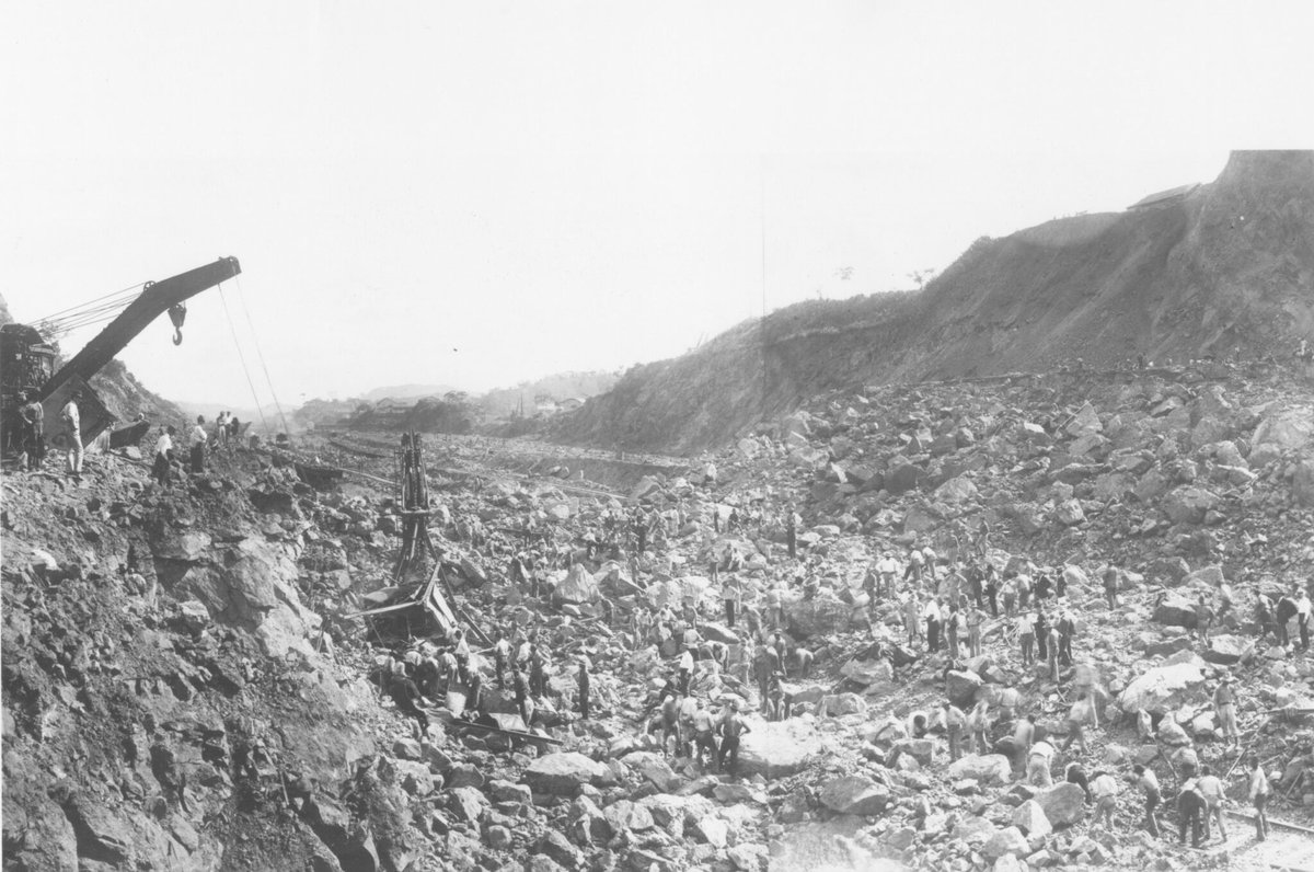 thepanamacanal's tweet photo. People have made many comparisons to illustrate the sheer volume of material excavated for the Panama Canal. Stacked up, the spoil would rise 7,000 times higher than Mount Everest. It could build 63 Great Pyramids of Giza or a Great Wall stretching from San Francisco to New York. In total, 262 million cubic yards were removed during the 30-year construction—only one-third of the French work was usable, about 30 million cubic yards. Scientific American (1912) noted that a train carrying all the excavated material could circle the globe four times, build 63 pyramids, or erect a Great Wall twice its size.

Photo: 1908 Culebra Cut, Immediately After Explosion