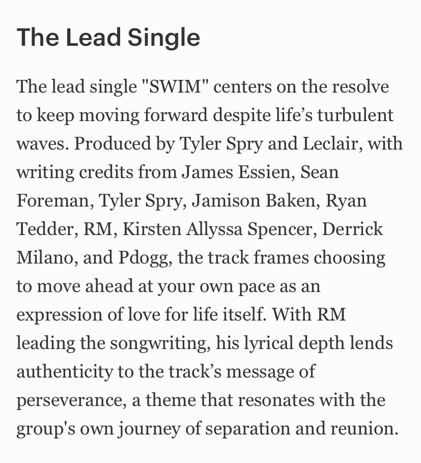 KNJsSource's tweet photo. #RM is the only member credited on Arirang’s lead single ‘SWIM.’ 

According to Forbes, he led the songwriting, and his lyrical depth lent authenticity to the track’s message of perseverance, a theme that resonated with BTS’s own journey of separation and reunion. https://t.co/0iAgZE5ogr