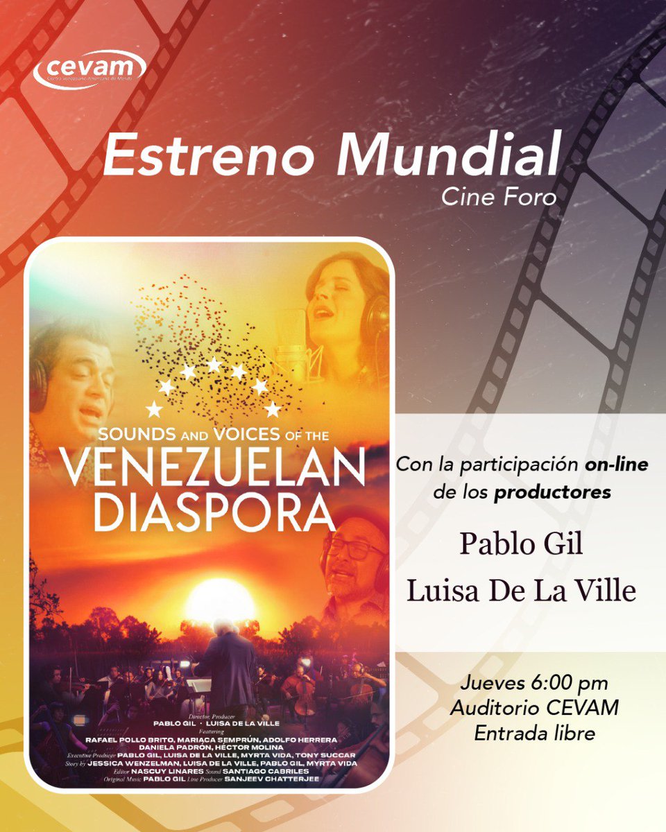 ¿Qué sonidos definen hoy a Venezuela en el mundo? 🌎🎻

Descúbrelo este jueves en el Estreno Mundial de "Sounds and Voices of the Venezuelan Diaspora". No es solo una película, es un encuentro para dialogar sobre nuestra identidad a través del arte.

Al terminar, conversaremos en