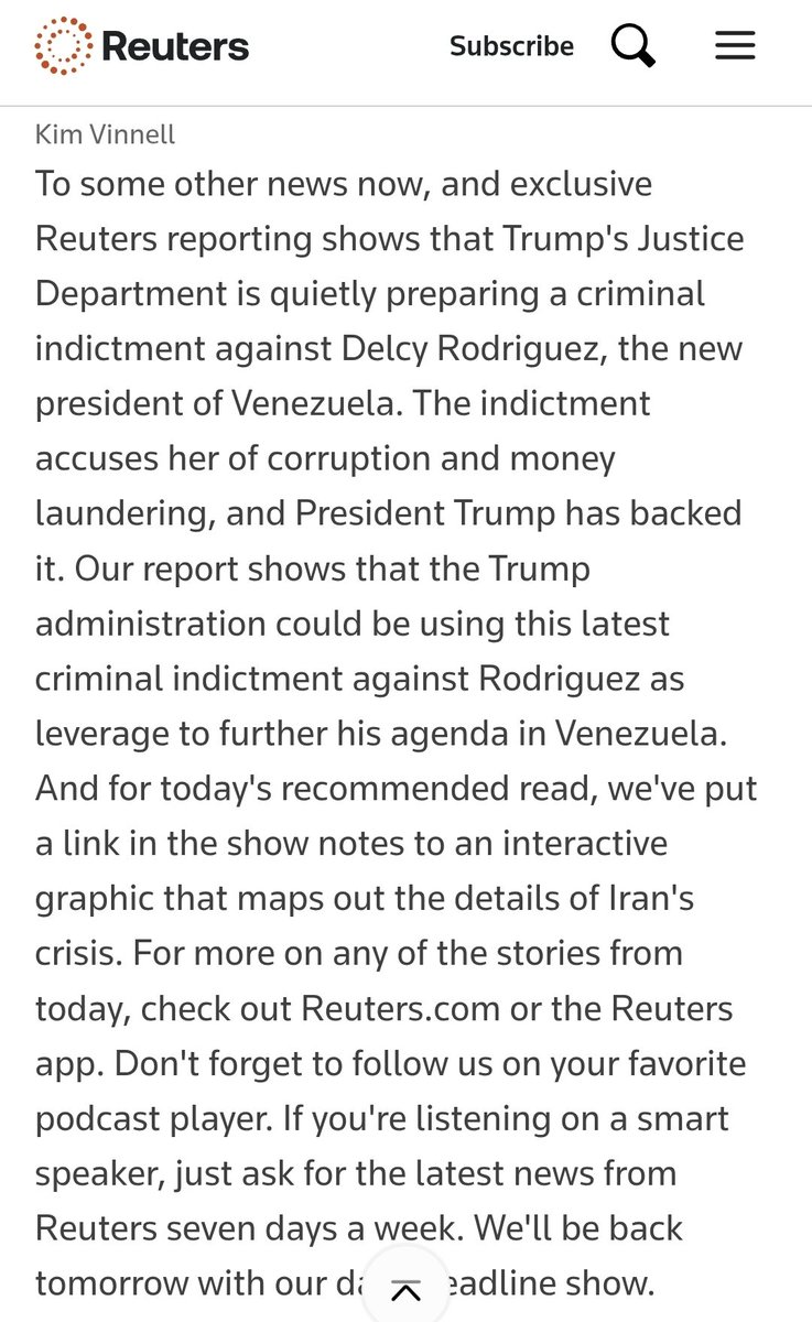 #URGENTE Un informe exclusivo de #Reuters muestra que el Departamento de Justicia de Trump prepara de manera discreta una acusación penal contra Delcy Rodríguez. La acusación habla de corrupción y lavado de dinero, y el presidente Trump la ha respaldado. El informe muestra que la