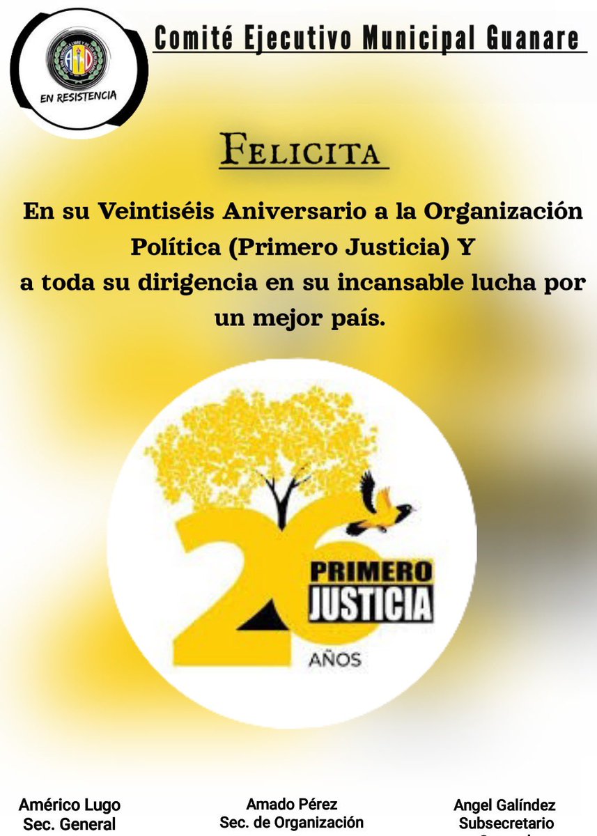 Felicidades a nuestros compañeros de lucha <a href="/Pr1meroJusticia/">Primero Justicia</a> por su Aniversario #26. 

Que Dios bendiga su compromiso y su incansable trabajo en esta cruzada por el rescate de la Democracia y la Libertad en nuestro país !