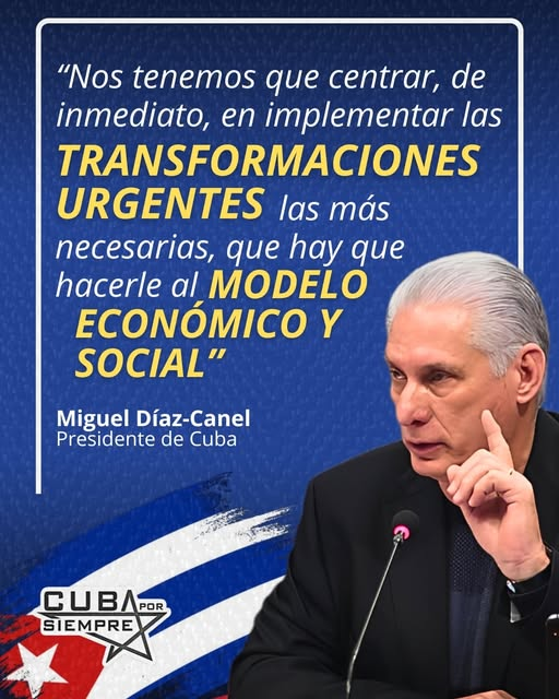 El Presidente <a href="/DiazCanelB/">Miguel Díaz-Canel Bermúdez</a>, instó a enfocarse "de  inmediato" en la implementación de las transformaciones más urgentes y  necesarias para el modelo económico y social del país. #CubaEstáFirme #CubaVencerá #UnidosXCuba #TransporteCuba <a href="/MitransCuba/">Ministerio del Transporte de Cuba</a> <a href="/GemarOsde/">GEMAR</a>