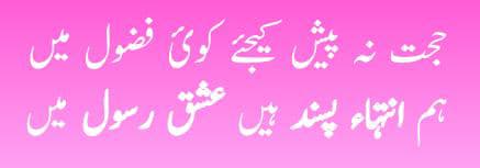 حجت نہ پیش کیجئے کوئی فضول میں
ہم انتہا پسند ہیں عشق رسول میں۔۔۔۔۔۔!