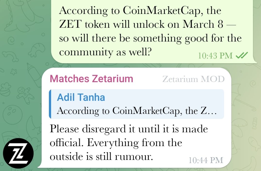 AdilTanha356703's tweet photo. People are saying the @Zetarium_ token will unlock on March 8 👀

I asked the team directly — their reply is in the screenshot below. For now, nothing is officially confirmed.

In crypto, rumors spread fast… but I trust only official updates.

What do you think? https://t.co/0zCwH7VJ9U