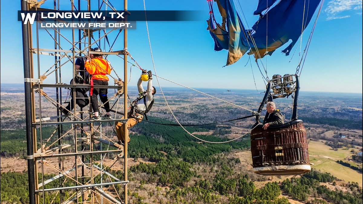 WeatherNation's tweet photo. RESCUE: A hot air balloon had to be rescued on February 28th in Longview, TX after becoming caught on a radio tower.

Firefighters had to scale 925 feet into the air to rescue the two balloonists.

No cause for the crash has been listed. #TXwx 

VIDEO BELOW 🔽🔽 https://t.co/IMTOhY9sZN
