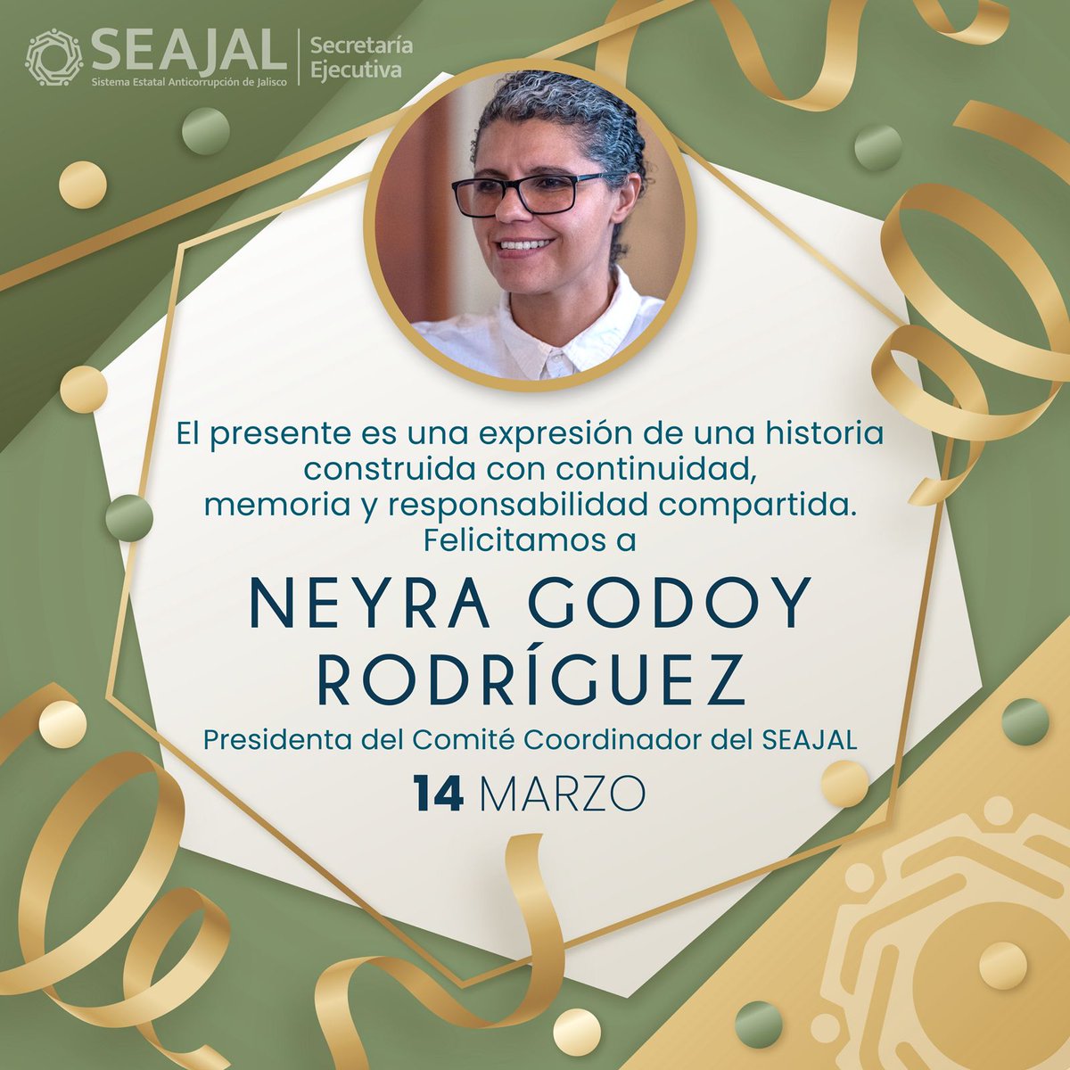 SEAJalisco's tweet photo. Extendemos una cordial felicitación a la Mtra. Neyra Godoy Rodríguez, Presidenta del Comité Coordinador del SEAJAL, deseándole un año de grandes logros y éxitos.

@cpsseajal https://t.co/5uV09MVmtn