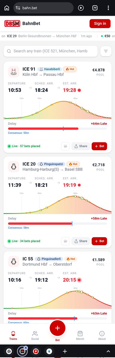 Der ICE 91 von Köln nach Passau: Derzeit ist der Konsens der Glücksspieler bei 64 Minuten Verspätung, 57 Personen haben gewettet. 

Auf Bahn.bet könnt ihr euch jetzt selbst für Verspätungen entschädigen, indem ihr auf die Ankunftszeit wettet.

Ich habe keine