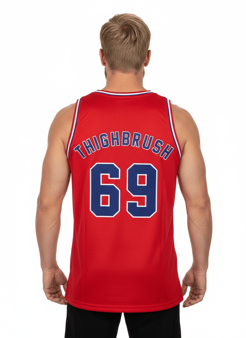 THIGHBRUSH® ATHLETICS "THIGHBRUSH 69" MEN'S BASKETBALL JERSEY. Red, White, Blue. Custom Sublimation. Sizes Small-4X-Large. Product Link: thighbrush.com/products/thigh…®-athletics-thighbrush-69-mens-basketball-jersey-red #THIGHBRUSH