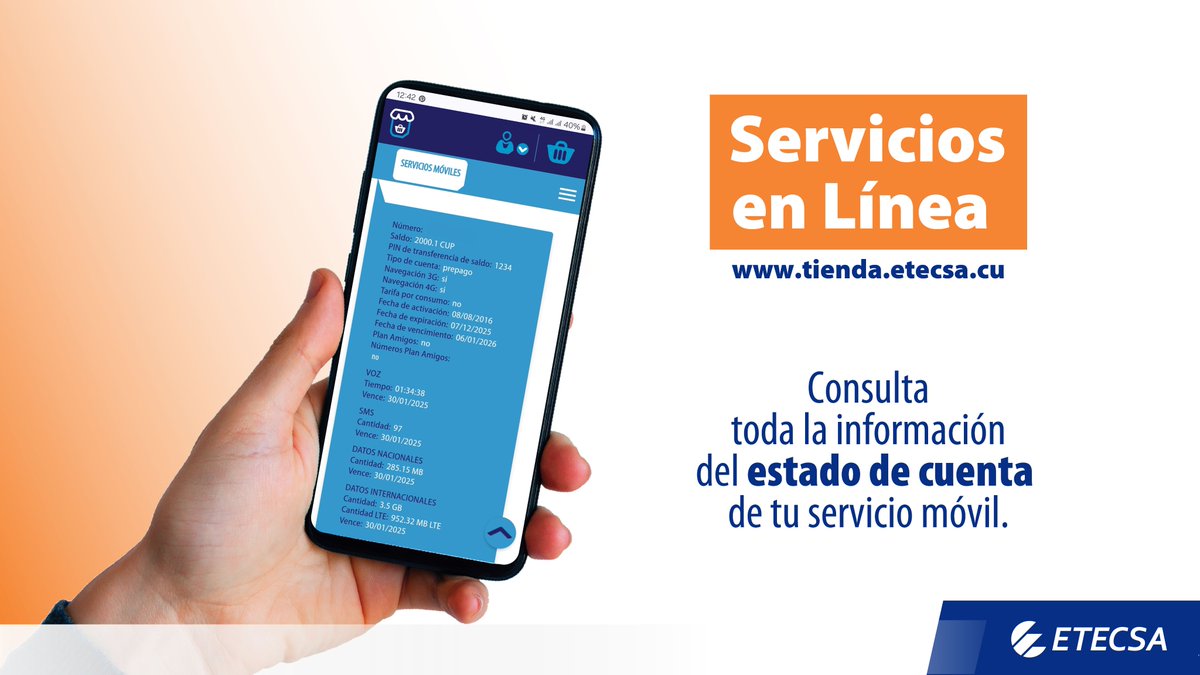 Accede a tienda.etecsa.cu y consulta toda la información de tu servicio móvil en un solo lugar:
📷 Saldo disponible
📷 PIN de transferencia
📷 Recursos
📷 Plan Amigos y números incluidos
¡Y más!
Todo fácil, rápido y seguro. 📷
#ServiciosEnLínea