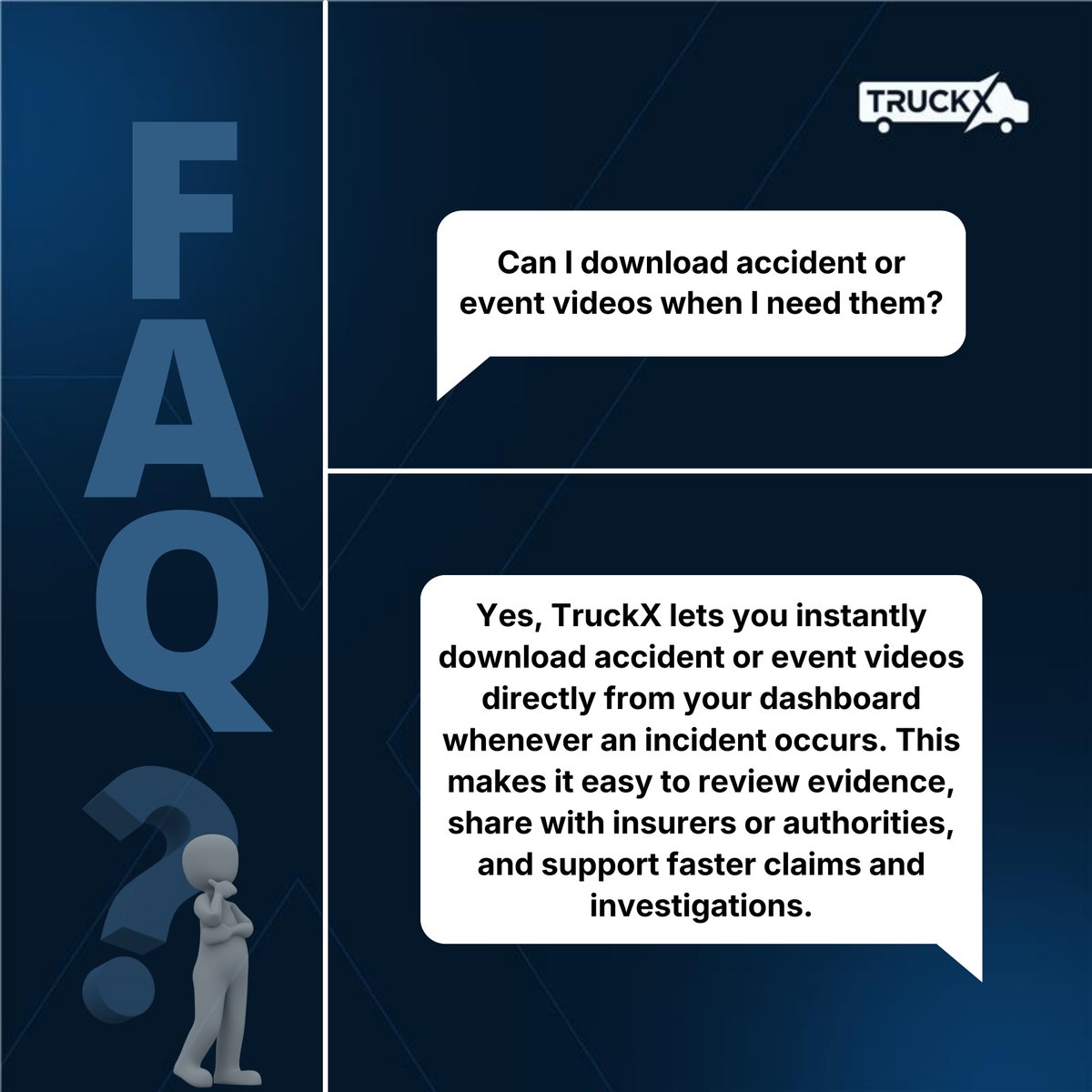 Questions about accident footage? TruckX lets fleets instantly download event videos from the dashboard to review incidents and support claims faster.  Link: bit.ly/482aF6t
#TruckX #FleetManagement #ELDCompliance #FMCSA #FAQs #Dashcam #FleetDashcamera #AccidentEvidence