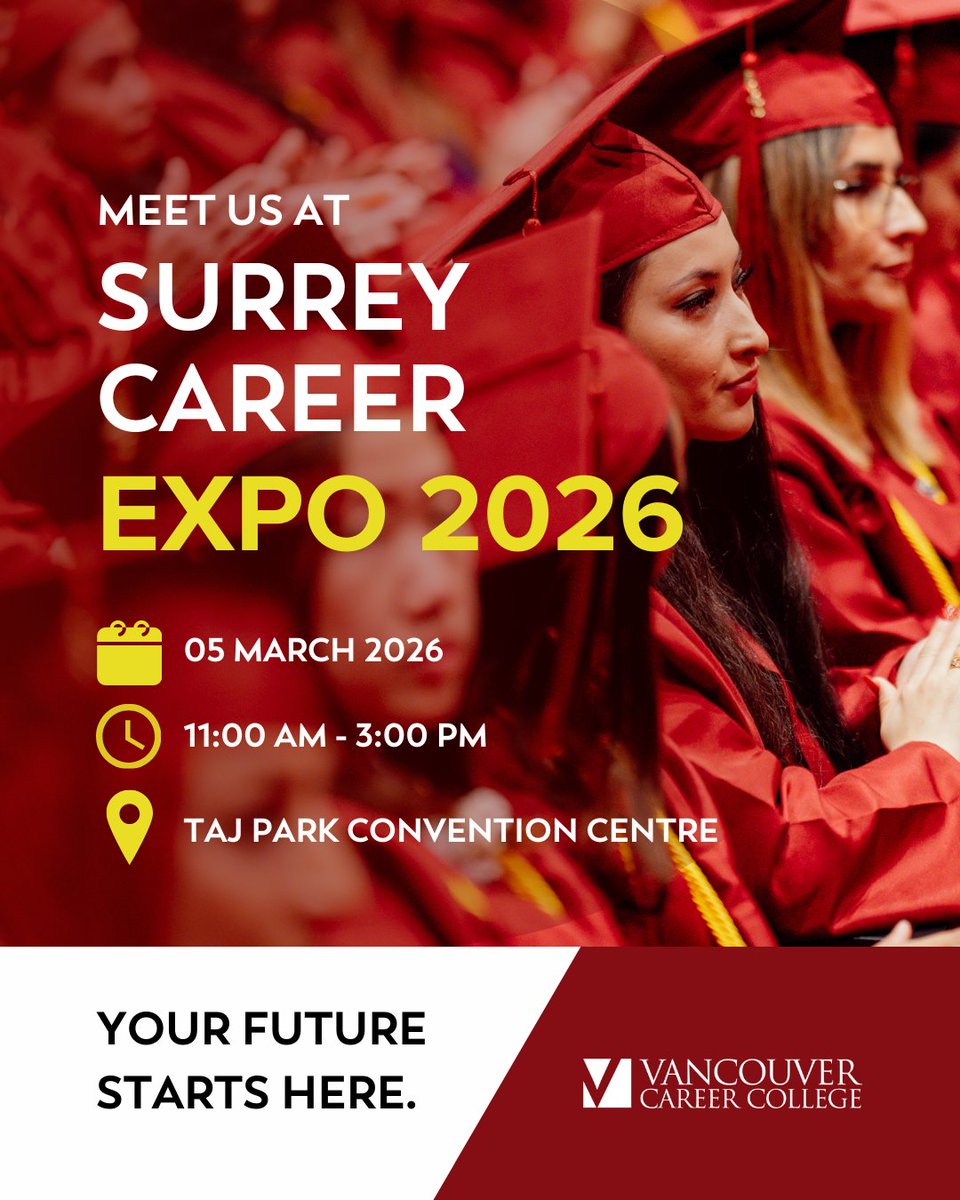 VCareerCollege's tweet image. Looking for your next step?

Meet our VaCC team at Surrey Career Expo this Thursday.
Explore career-focused programs.
Start your plan.
Head to your future.

🗓 March 5th 2026
📍 Taj Park Convention Centre (Surrey, BC)
🕚 11AM–3PM

#vancouvercareercollege #surreycareerexpo #vacc