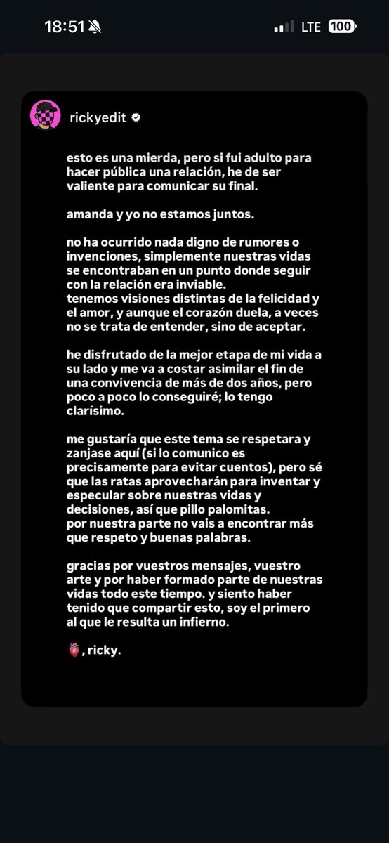Ricky Edit anuncia en sus redes sociales la separación con Amanda, y aunque no simpatizo con él, mucha fuerza a los dos.