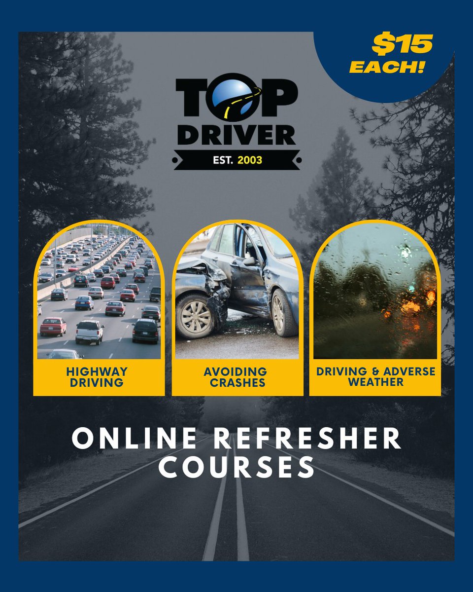 TopDriver's tweet image. Sharpen your driving skills in 20 minutes or less! #TopDriver online refresher classes are just $15 and cover night driving, highways, distracted driving, crash prevention and more. Build confidence and drive smarter.

Get started: bit.ly/3slbO7d
