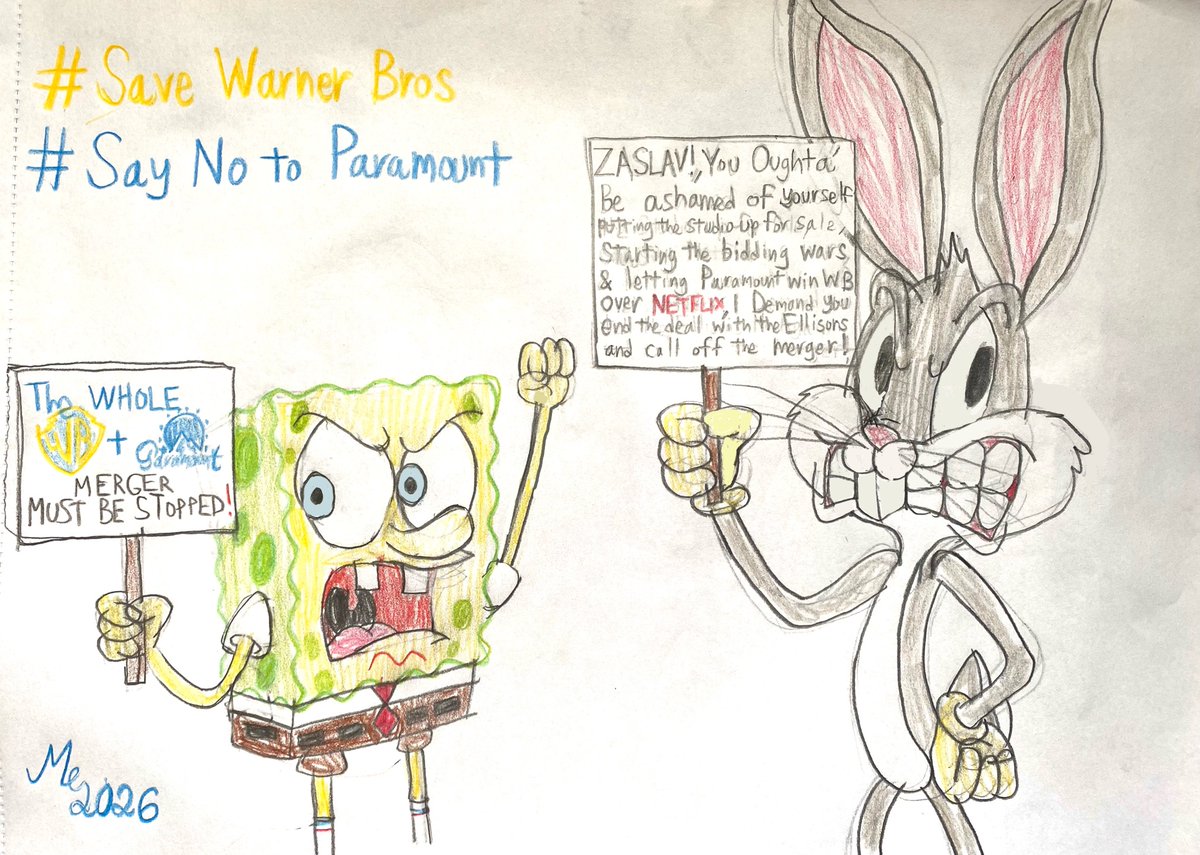 Another pic I made towards the planned Psky-WB merger with Bugs Bunny and SpongeBob SquarePants not being happy about it,starting a strike by demanding them to stop the planned merger and put an end to the deal.
#SaveWarnerBros #SayNotoParamount #BlocktheMerger