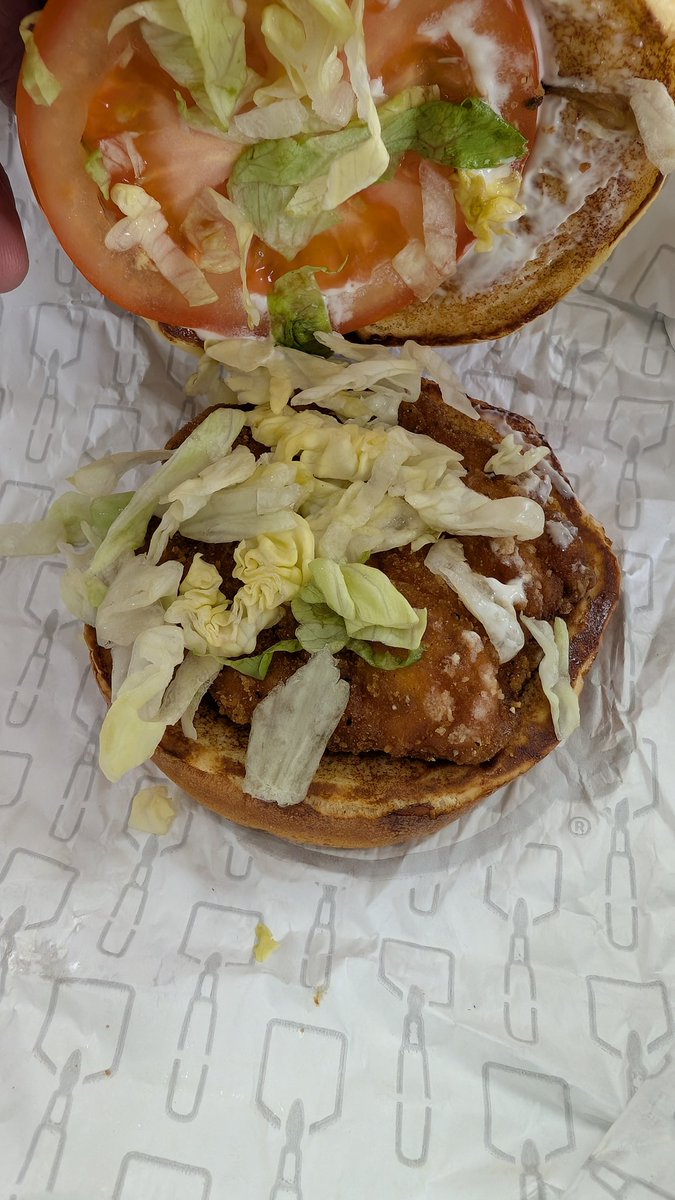 Garth177's tweet photo. @Wendys are the spicy chickens getting smaller? This doesn't look normal size to me. The tomato is larger and thicker than the chicken today. https://t.co/byLr58gFuV