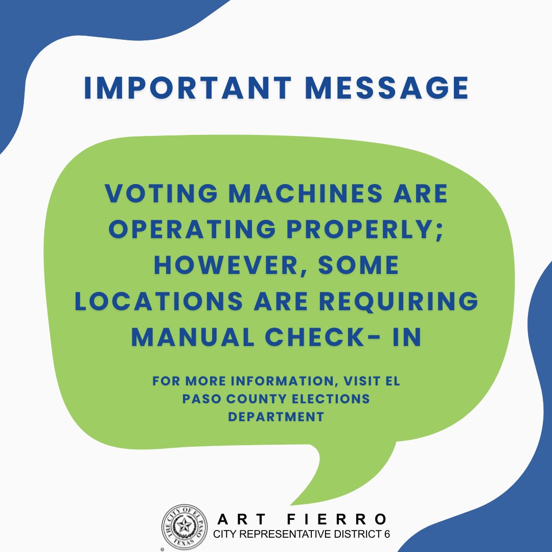 🚨 Important Update for Voters 🚨
Don’t let delays discourage you from casting your vote today. 
Voting machines are operating properly across El Paso County. However, some polling locations are currently utilizing manual check-in procedures.