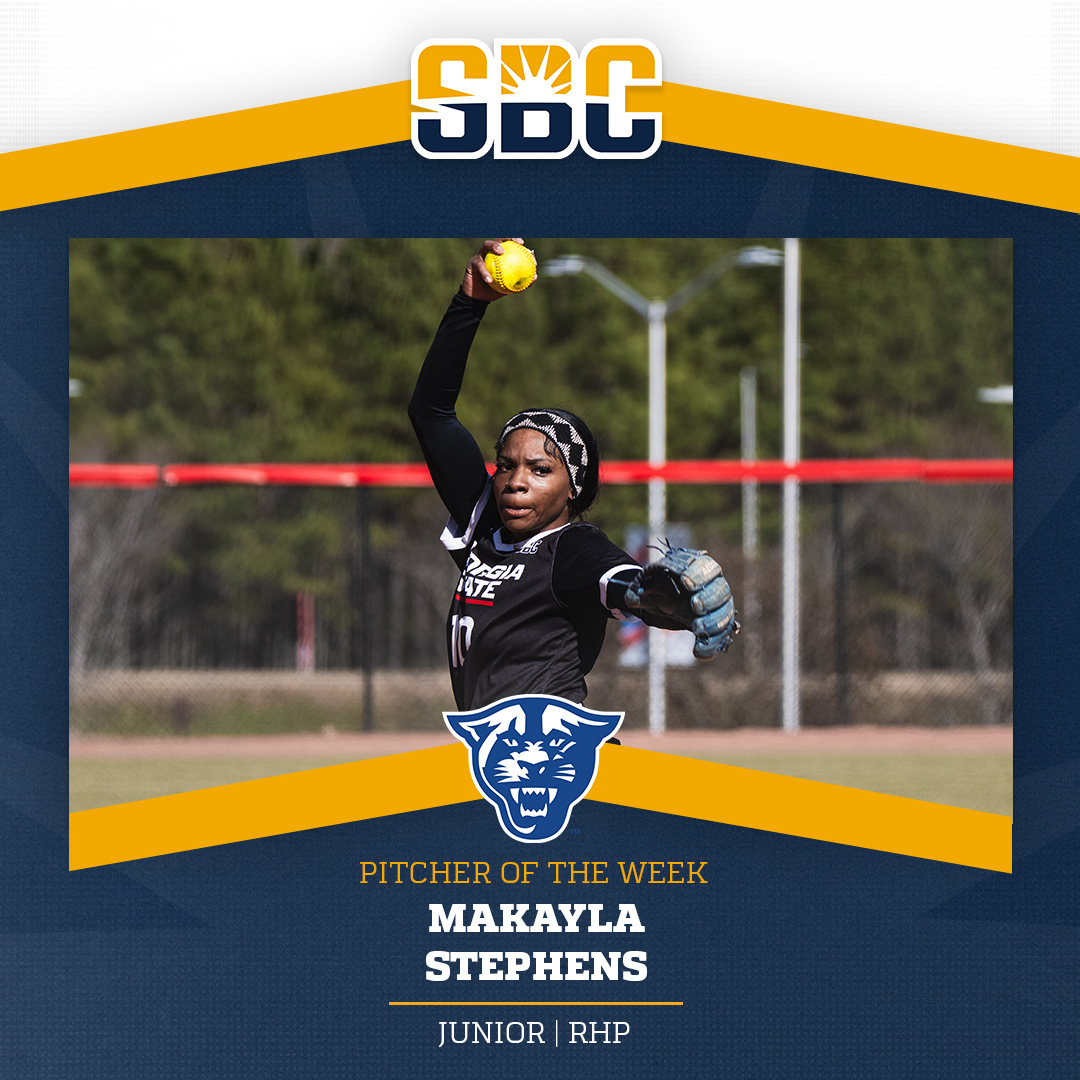 SunBelt's tweet photo. 𝗦𝗧𝗘𝗣𝗛𝗘𝗡𝗦 𝗦𝗧𝗔𝗥𝗦.

@GSU_Softball junior right-hander Makayla Stephens earns Sun Belt Softball Pitcher of the Week honors after firing 3 complete-game shutouts with 26 strikeouts for the Panthers. ☀️🥎

📰 » https://t.co/n9Ty1fM6BB https://t.co/AfQIorIMdP